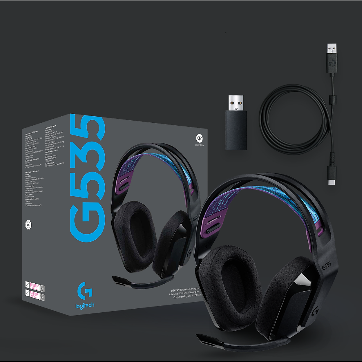 Tai nghe game không dây Lightspeed Logitech G535 - Trọng lượng nhẹ, âm thanh nổi, tương thích PC, PS4, PS5, Mic gấp để tắt tiếng - Hàng chính hãng