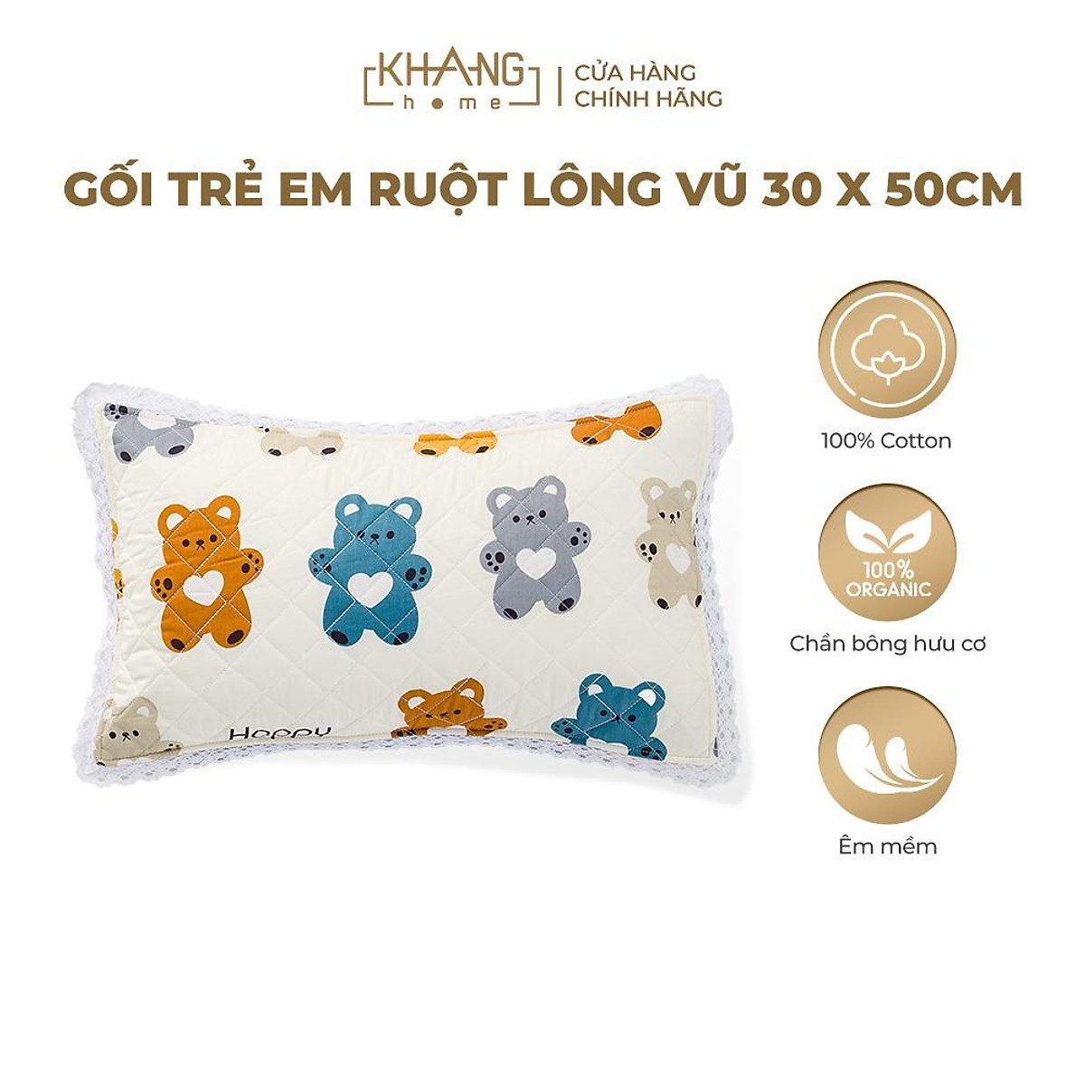 Áo Gối Nằm Chần Bông Trẻ Em Cao Cấp Khang Home 30X50Cm - Vỏ Gối