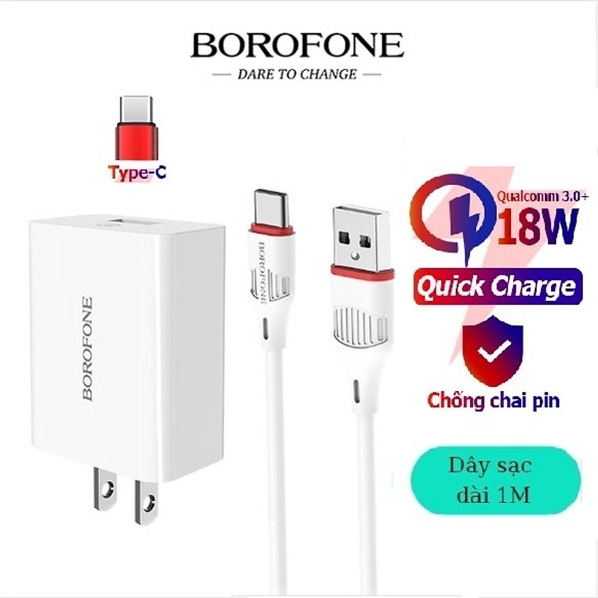 Bộ sạc nhanh 18W 3A Quick chagre 3.0 BOROFONE BA21 cho android chân Type C và Micro Usb, hỗ trợ sạc nhanh 50% pin trong 30p có chip điều chỉnh dòng điện - Hàng Chính Hãng