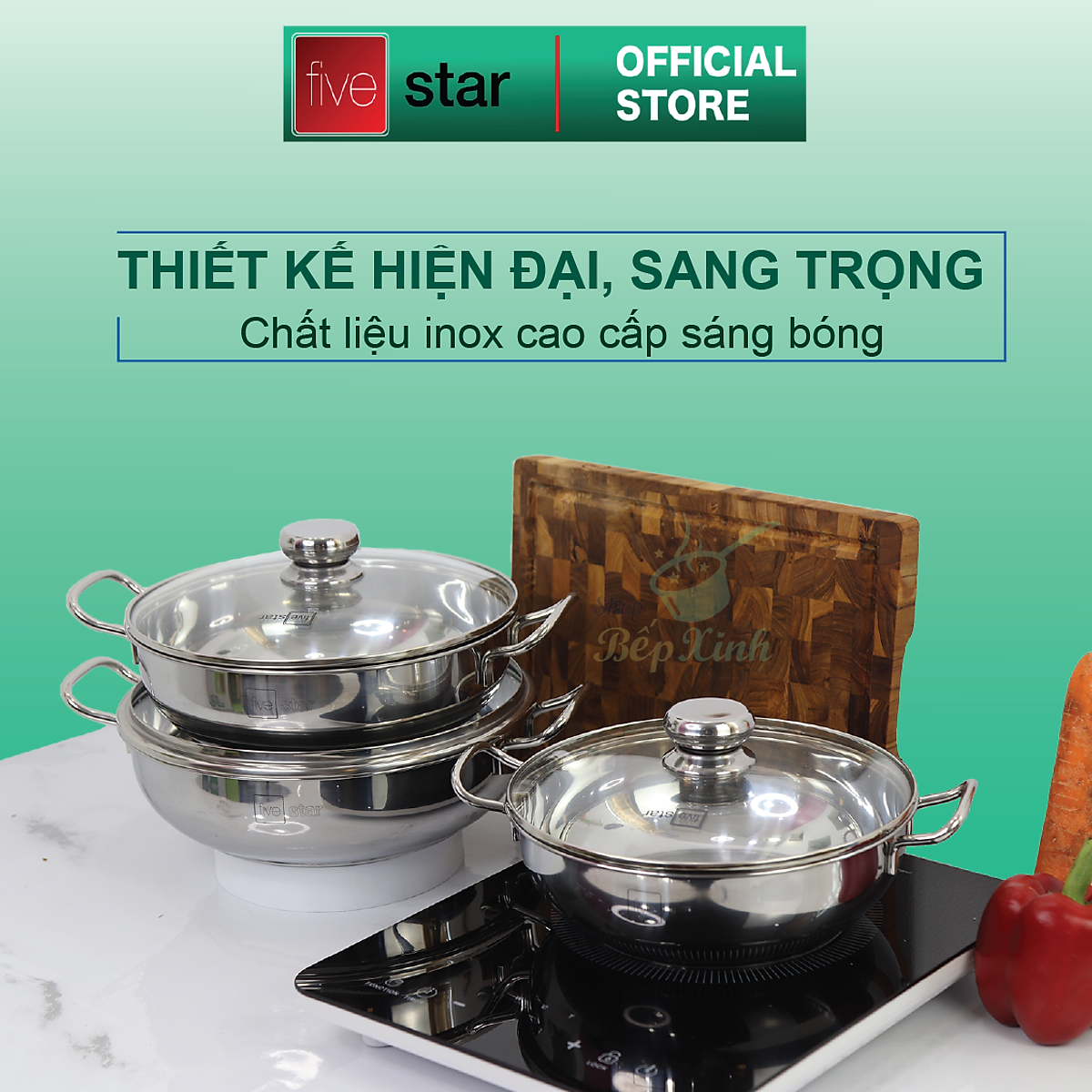 Nồi lẩu 3 đáy inox 430 Fivestar sử dụng bếp từ nắp kính tặng 2 vá canh ( 24cm / 26cm / 28cm )