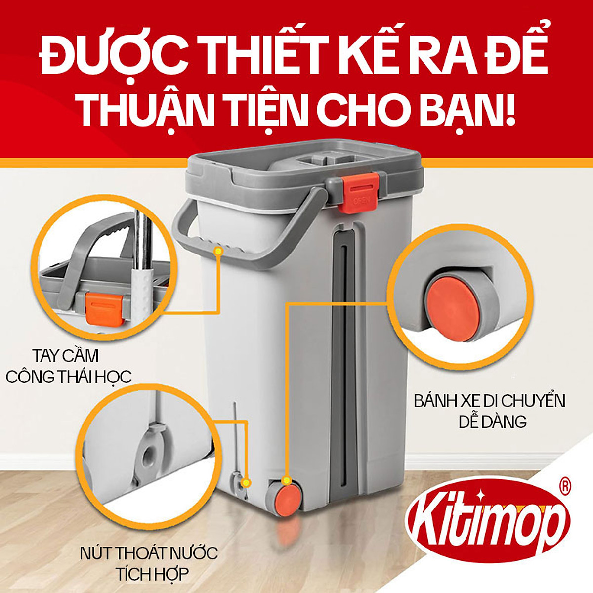 Bộ Cây Lau Nhà KITIMOP PRO MAX - Thùng Lau Nhà Tự Vắt Thông Minh, Chổi Lau Nhà Xoay 360 Độ, Lau Sàn Làm Sạch