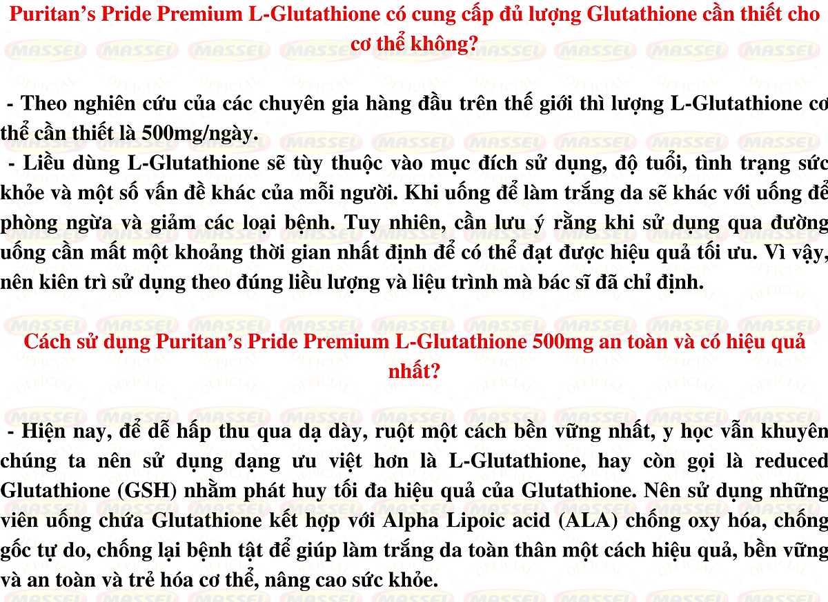 Trắng da Glutathione Puritan’s Pride Premium L-Glutathione 500mg - Mỹ Hỗ trợ trắng da, Giảm nám, tàn nhang, Thải , tăng sức đề kháng - OZ Slim Store