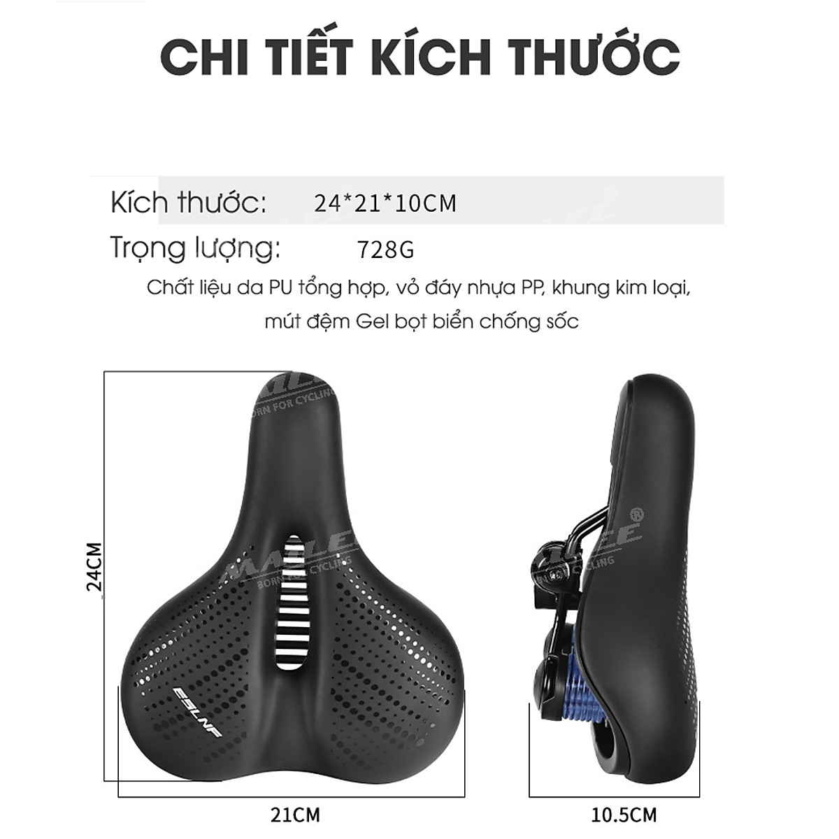 Yên BÉO Xe Đạp ESL-01 Mút Chống Sốc Dày Thoải Mái với bọc da PU, Giảm Chấn Bóng lò xo, khung cong kim loại chắc chắn cho xe đạp MTB, xe thể thao, có khe trượt lắp đèn, 2 cách lắp đặt - Mai Lee
