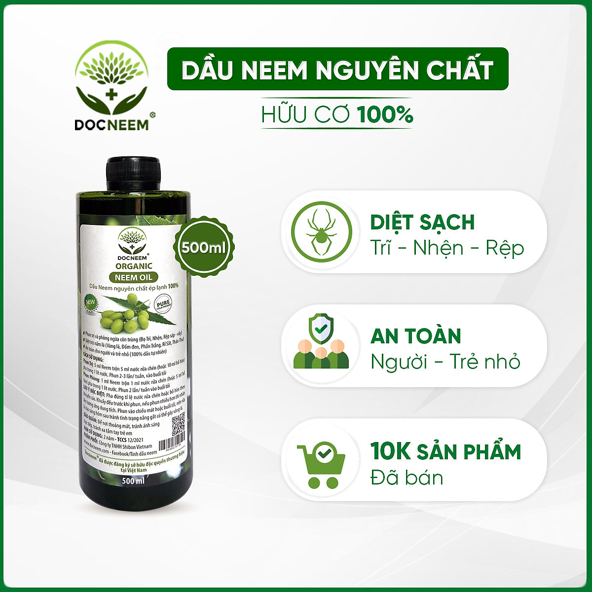 Dầu neem oil nguyên chất DOCNEEM hữu cơ phòng trị sâu bệnh hoa hồng, phong lan, cây cảnh, ép lạnh 500ml