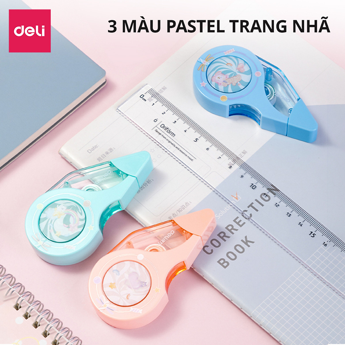 Bút Xóa Băng Kẹo Ngọt Dễ Thương 12m Deli - Xóa Sạch Phủ Kín Khô Nhanh Viết Đè Lên Ngay - Băng Kéo Cho Học Sinh Văn Phòng