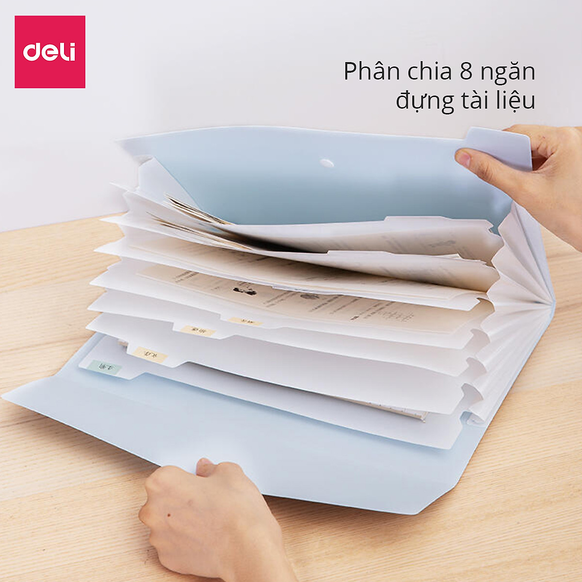 Cặp đựng tài liệu A4 Deli - 8 ngăn phân trang - file lưu trữ tài liệu - linfini - Xanh Dương / Trắng - 72456