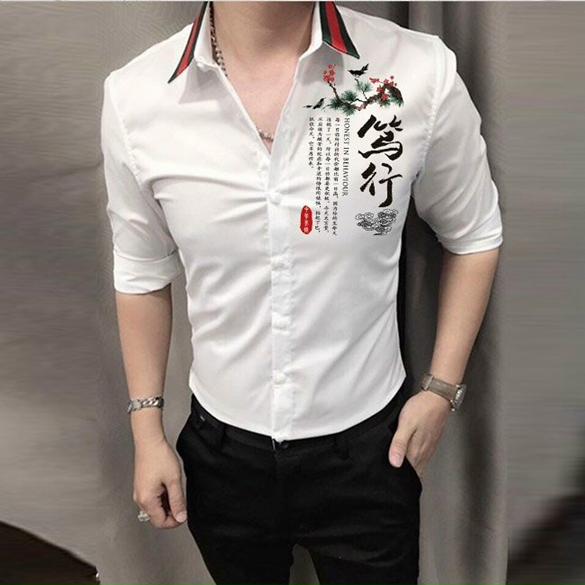 Áo sơ mi nam tay dài viền cổ họa tiết chữ tàu - Áo sơ mi nam tay dài họa tiết Áo Sơ Mi Nam Tay Dài Viền Cổ Họa Tiết Chữ Tàu - Áo Sơ Mi Nam Tay Dài Họa Tiết