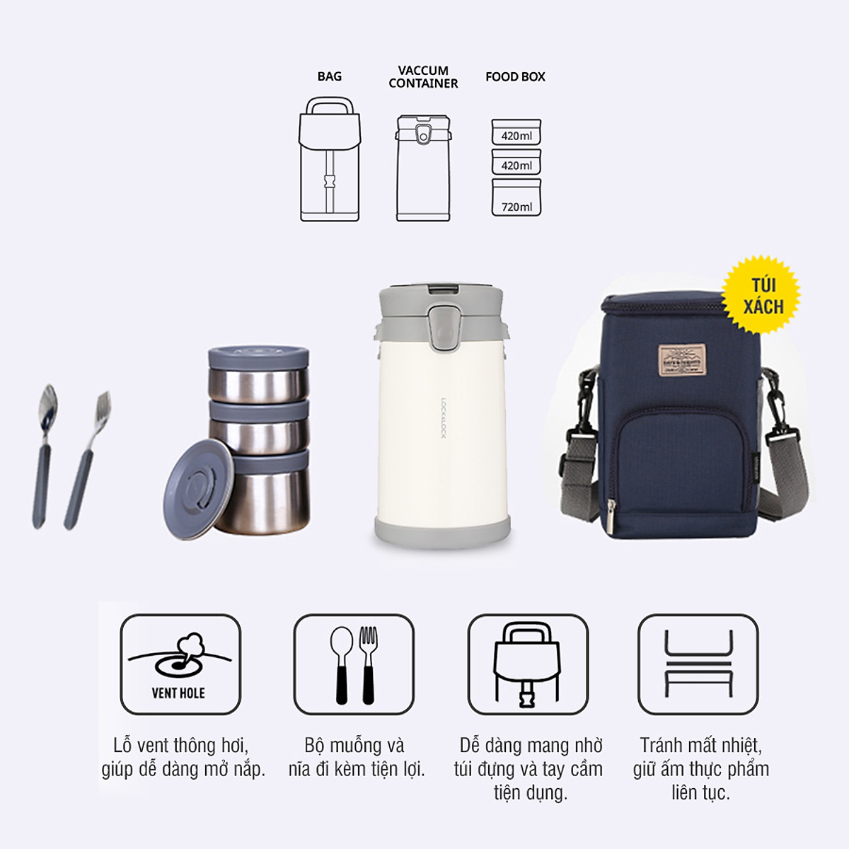 Bộ Hộp Cơm Giữ Nhiệt Lock&Lock Easy Carry 2L LHC8039 Có Túi (1 Hộp 720ml, 2 Hộp 420ml Kèm 1 Bộ Muỗng Và Nĩa)