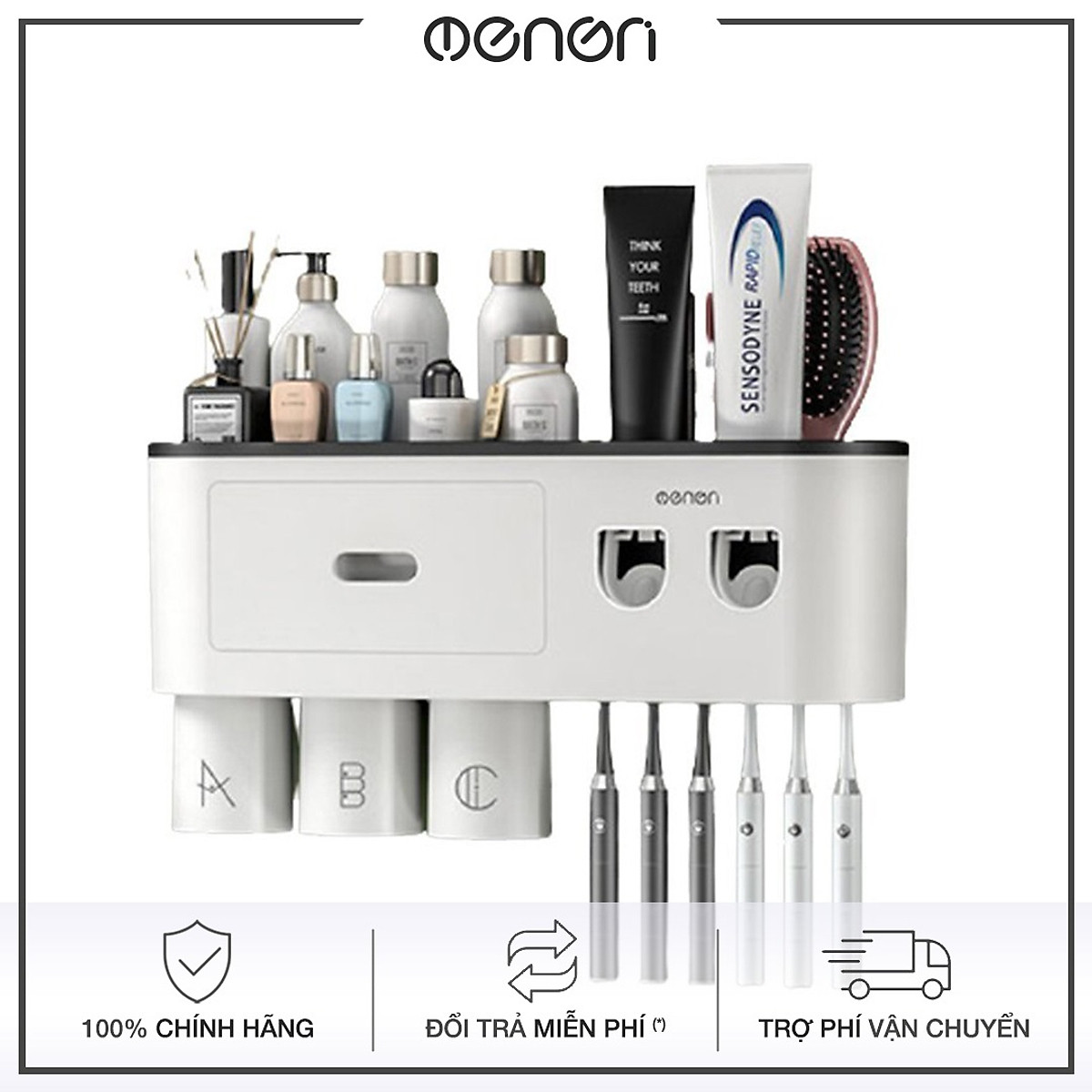 Bộ liền 2 nhả kem đánh răng tự động, Giá treo bàn chải kèm 3 cốc hút từ tính lắp đặt dán tường - OE2KEM