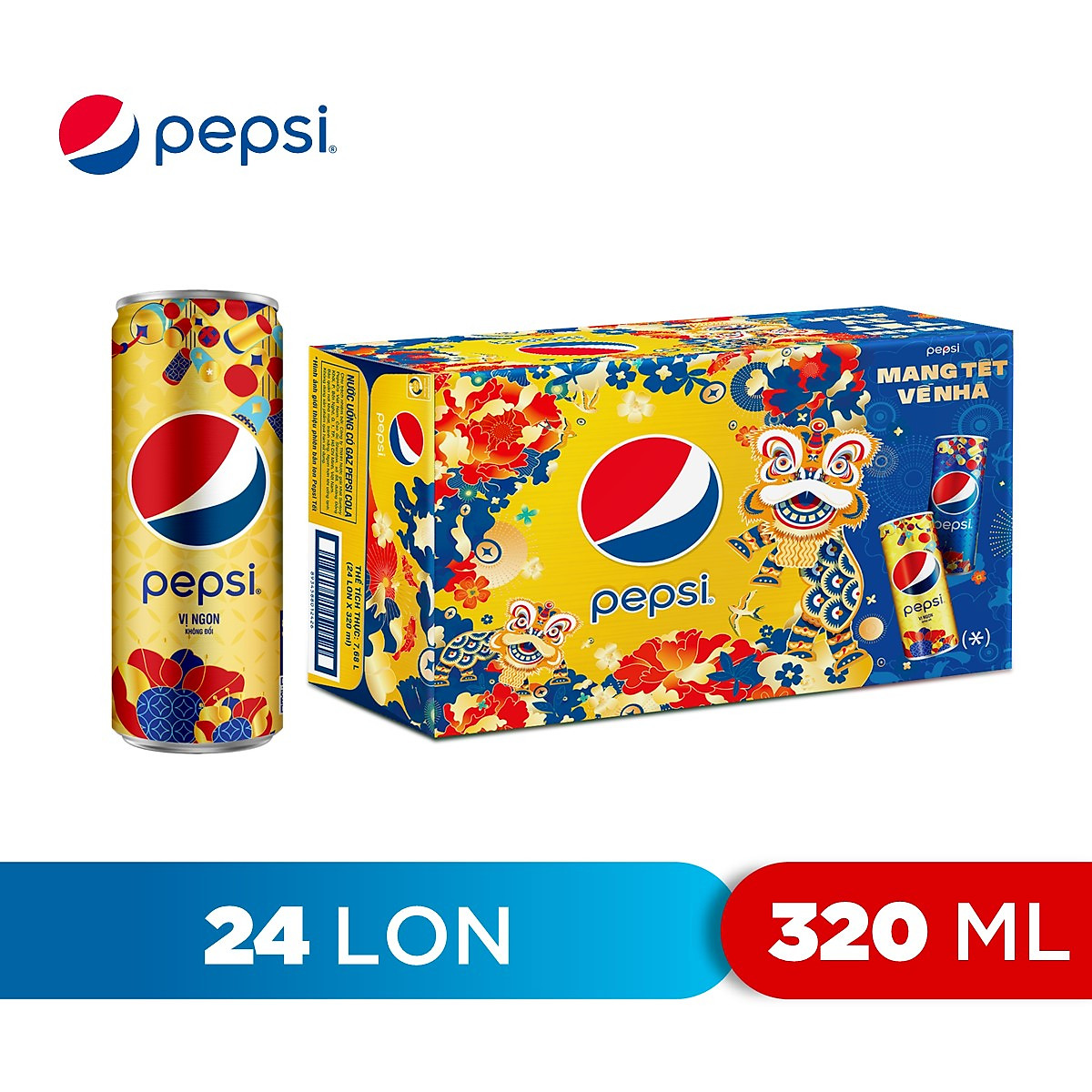 Thùng 24 Lon Nước Ngọt Có Gaz Pepsi lon xanh (320ml/lon)