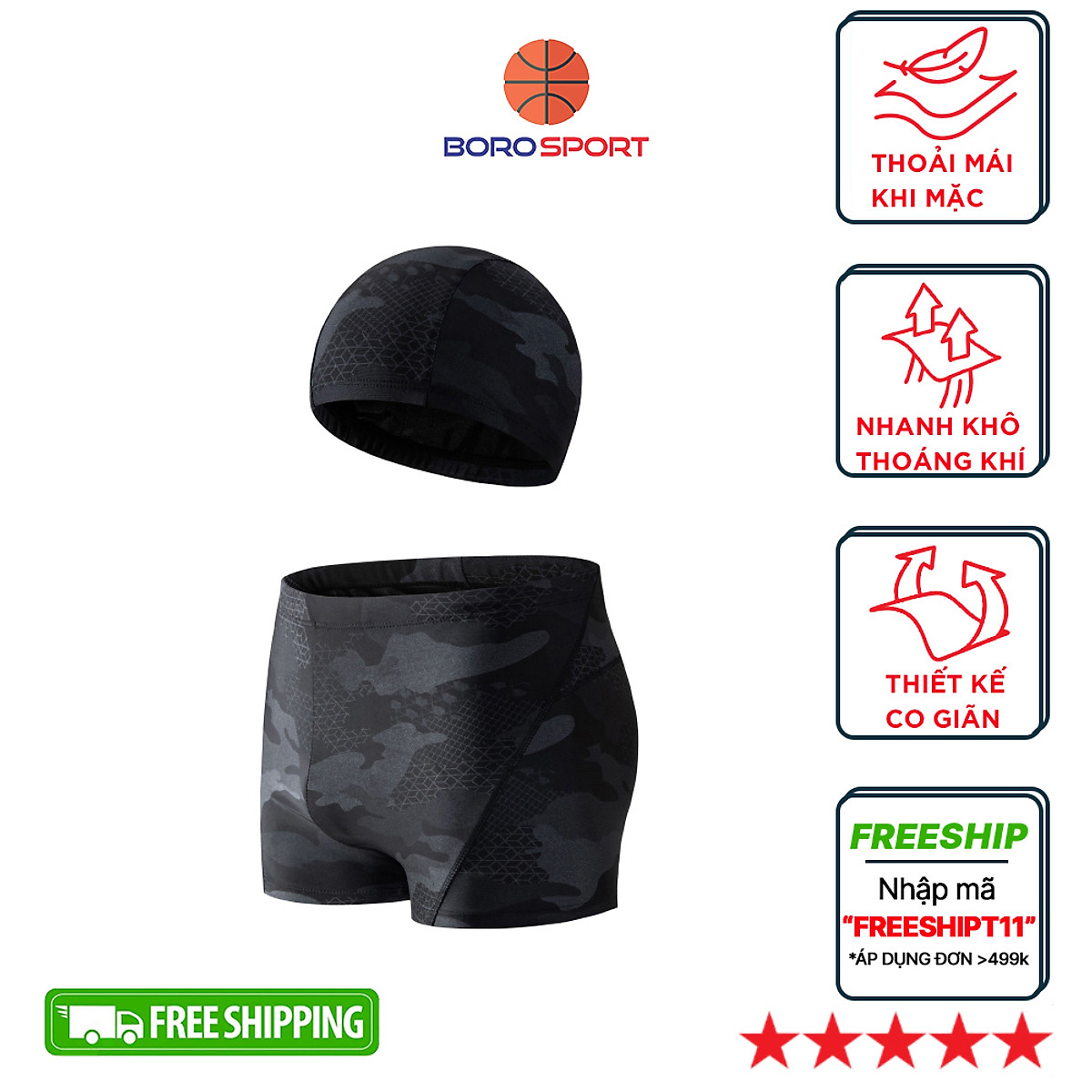 Quần bơi nam boxer Cleacco màu đen Camo , chất vải Poly co giãn 4 chiều , thoáng khí , thoát nước nhanh BORO SPORT - Tặng nón bơi vải