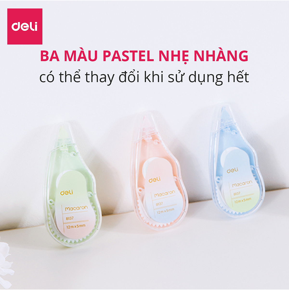 Băng xóa bút xóa kéo 12m Deli - Hình trái cây - Hồng/Xanh lá/Xanh dương - Set 3 chiếc - EH333