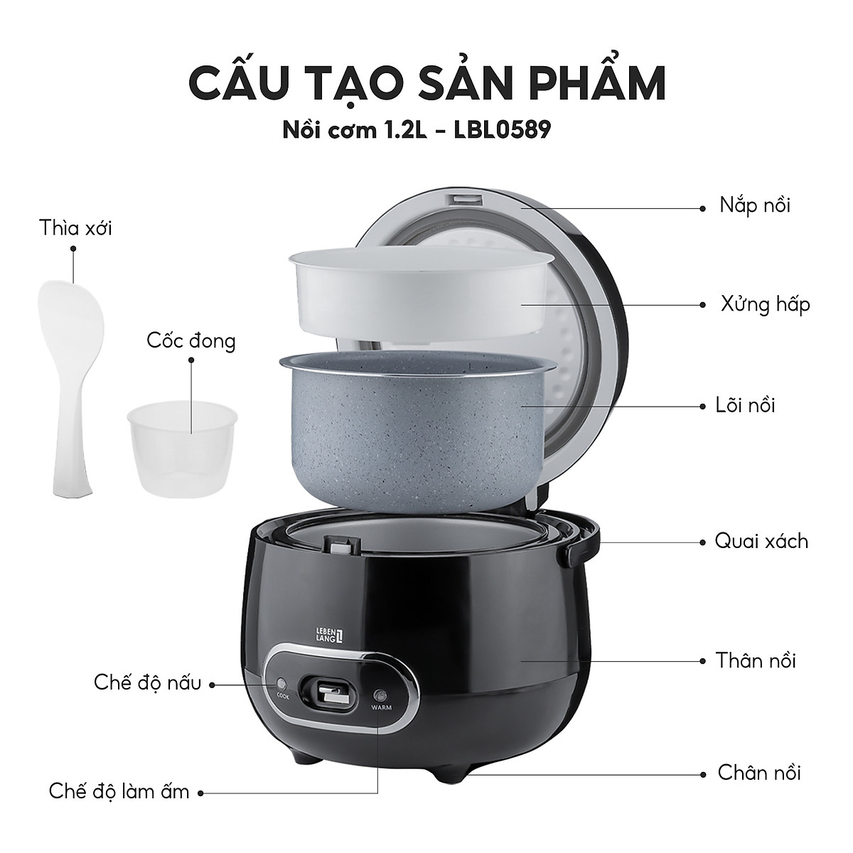 Nồi cơm điện mini Lebenlang LBL0583 dung tích 800ml, công suất 250W nhỏ gọn, thiết kế đơn giản hiện đại - hàng chính hãng