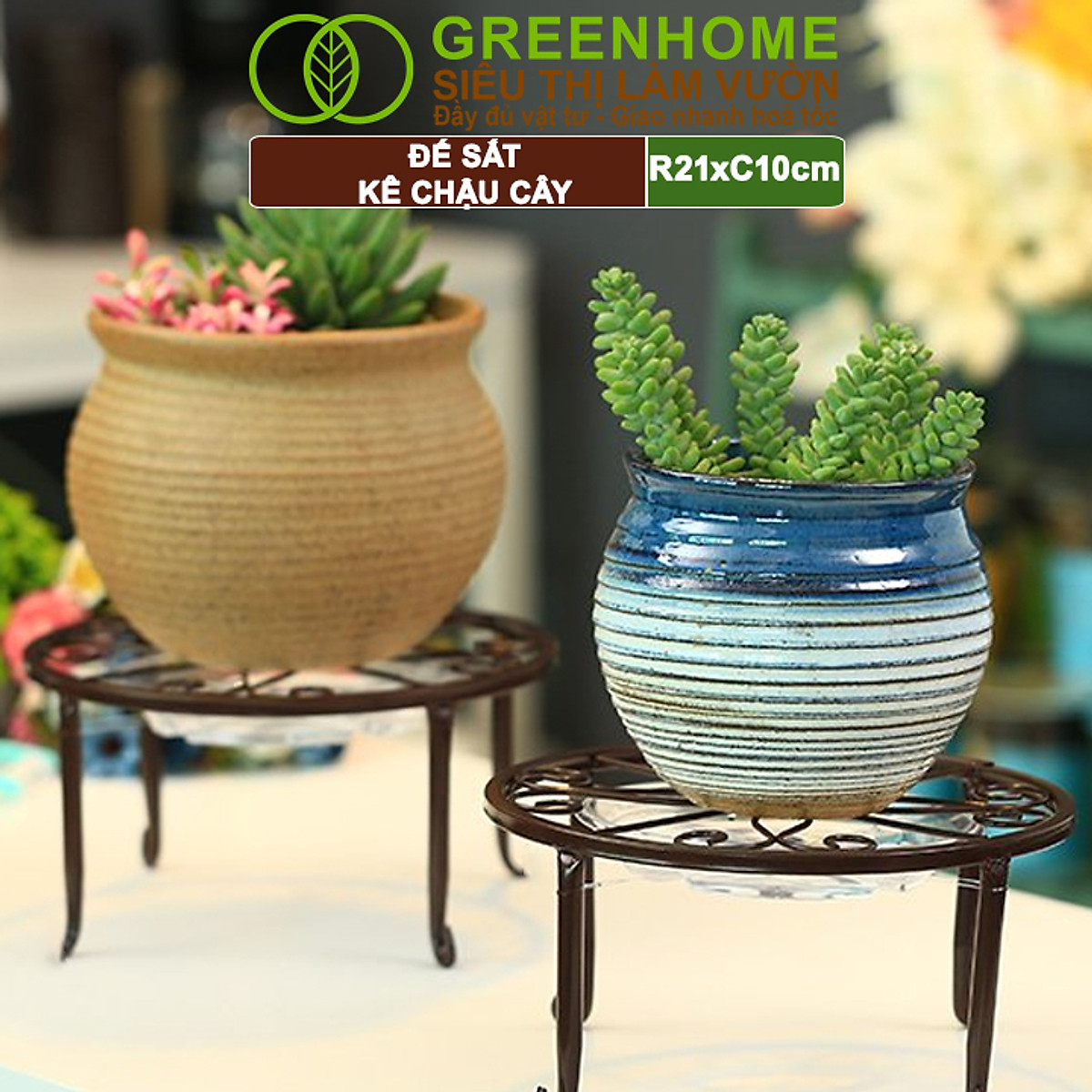 Đế Kê Chậu Cây Greenhome, R21xc10cm, Bằng Sắt Sơn Tĩnh Điện, Màu Đen, Uốn Mỹ Nghệ, Bền, Đẹp, Nhiều Hình Dạng Lựa Chọn