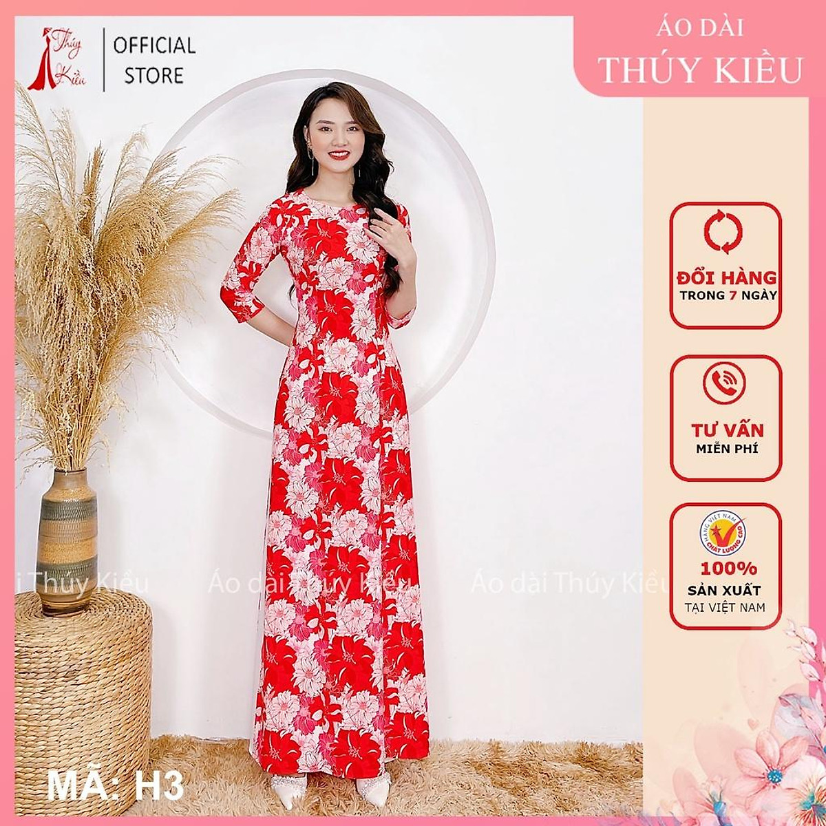 Áo dài nữ may sẵn thiết kế đẹp cách tân tết nền hoa đỏ H3 Thúy