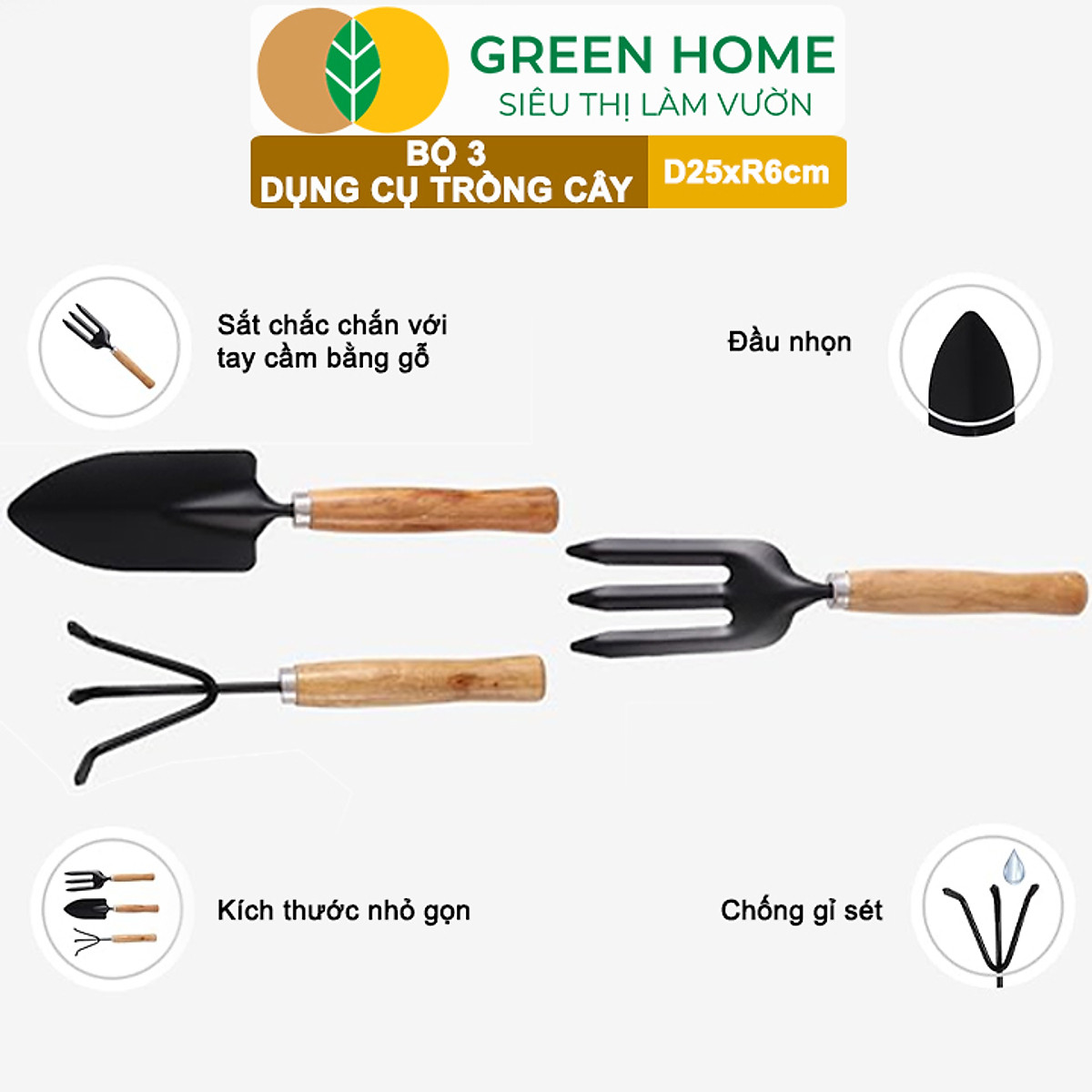 Dụng Cụ Làm Vườn Greenhome, D25cm, Cán Gỗ, Lưỡi Thép, Gồm Xẻng Xúc Đất, Cào, Chĩa, Trồng Cây, Làm Cỏ Dễ Dàng