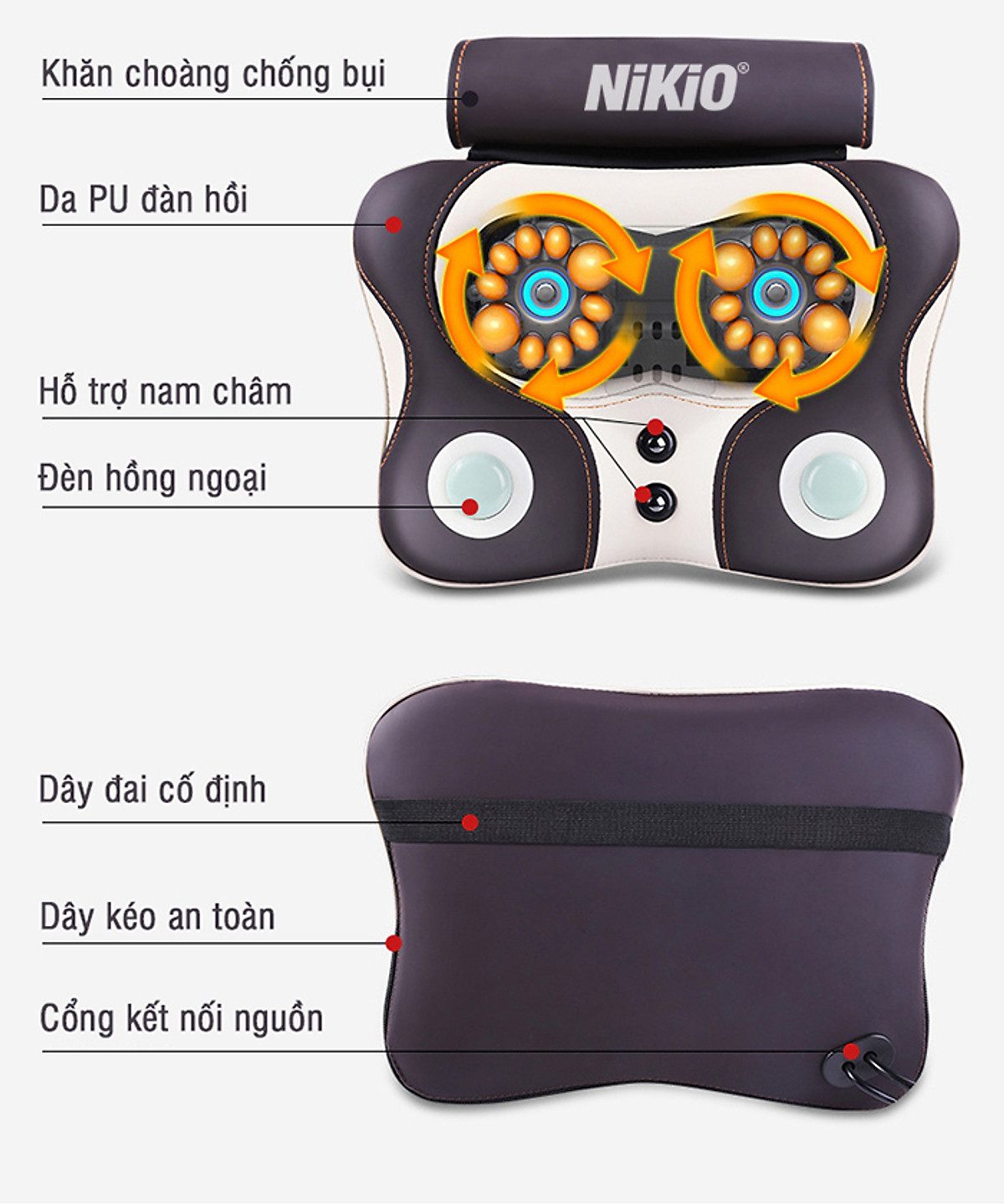 Máy (Gối) Massage Đấm Bóp Cổ Vai Gáy Nikio NK-136AC/DC - Con Lăn 3D Xoa Bóp Chuyên Sâu Kết Hợp Hồng Ngoại Trị Liệu Đau Mỏi Cổ, Hỗ Trợ Mát Xa Lưng