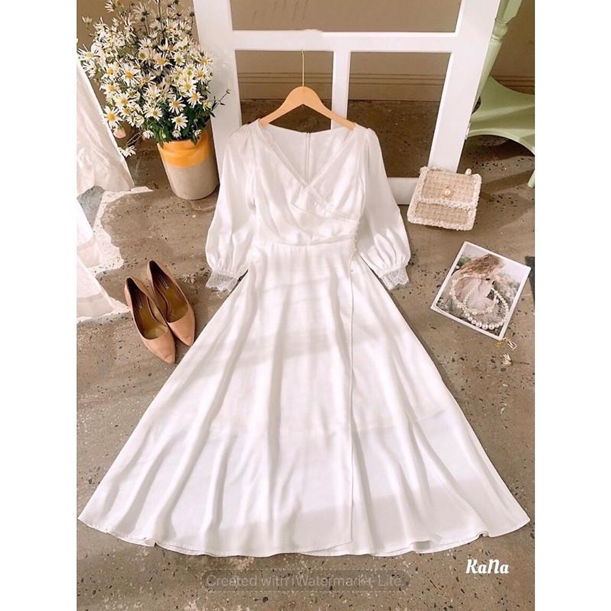 Váy trắng vintage dự tiệc cưới sang trọng đầm maxi đắp chéo tà kết ngọc tay dài cô dâu V00207 full size AĐ BOUTIQUE