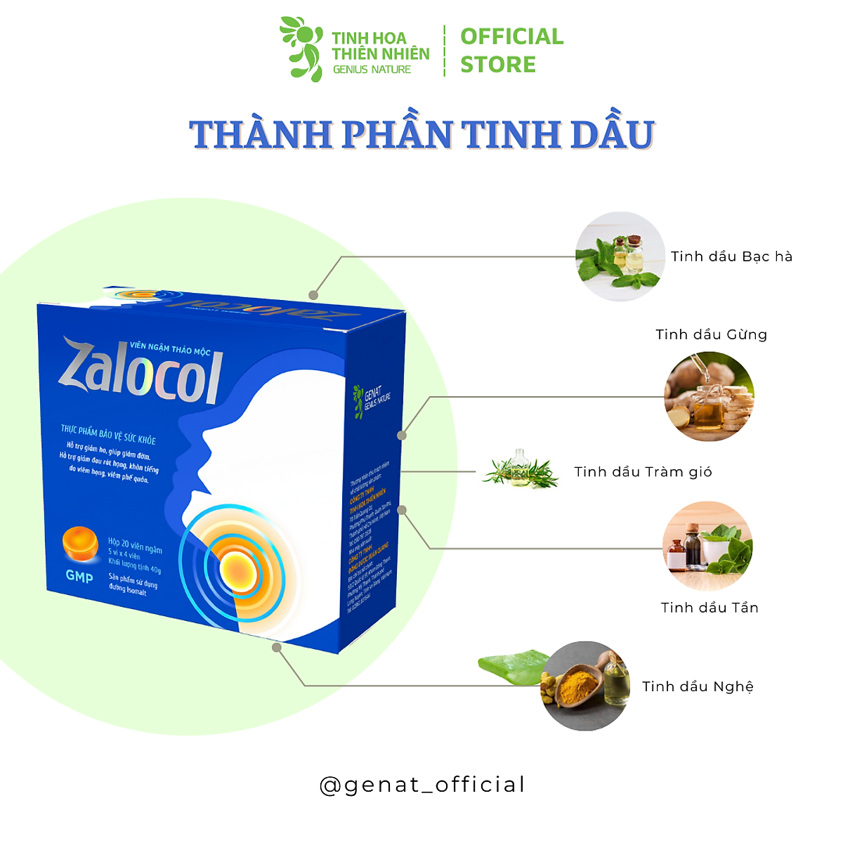 Viên ngậm ho thảo mộc Zalocol Hỗ trợ giảm đờm, đau rát họng, khản tiếng (Hộp 20 viên) - Genat - Giao 2H HCM