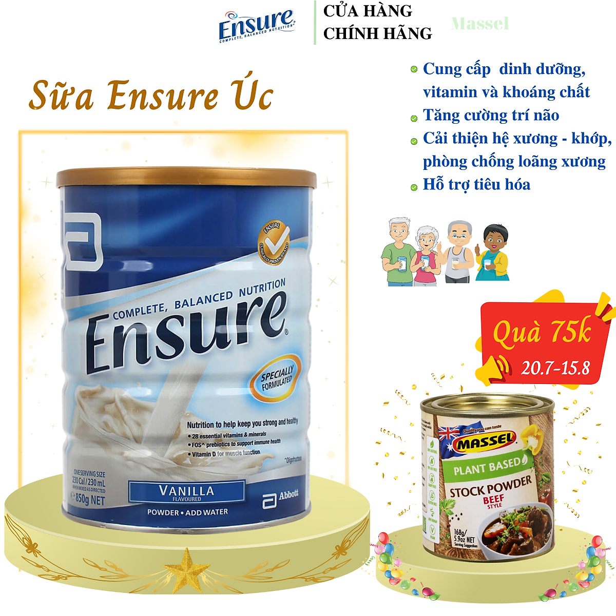 Sữa bột Ensure Vanila 850g, Nội Địa Úc Bổ Sung Dinh Dưỡng Cho Người Lớn Tuổi,, Mới Ốm Dạy, Có Thể Thay Thế Một Bữa Ăn, Tăng Cường Sức Đề Kháng và Hệ Miễn Dịch, Chắc Xương