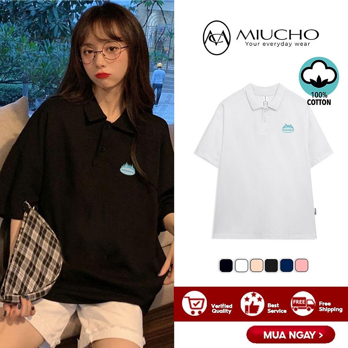 Mua Áo Polo Nữ Form Rộng, Áo Thun Polo Nữ Có Cổ Đẹp Chất Cotton Form Unisex  Pl007 Miucho In Hoạ Tiết