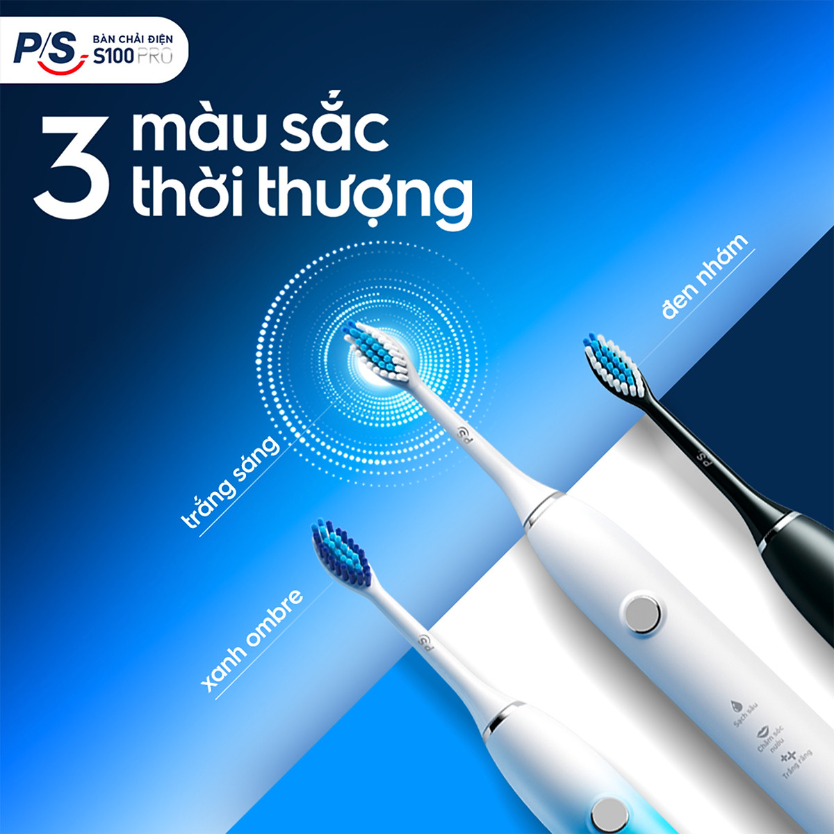 Bàn Chải Điện P/S S100 PRO - Công Nghệ Sóng Âm, Chải Sạch Mảng Bám Tới 10X - Trắng Sáng