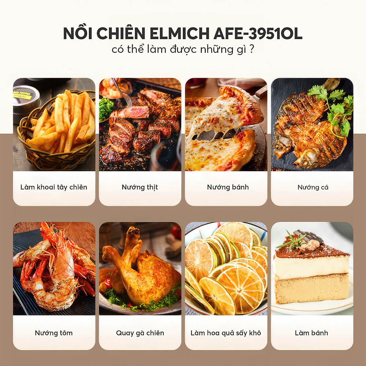Nồi chiên không dầu Elmich 8.3L AFE-3951OL, công suất lớn 1800W – 2150W, làm chín thức ăn nhanh, chất liệu chống dính cao cấp, an toàn cho sức khỏe - Hàng chính hãng