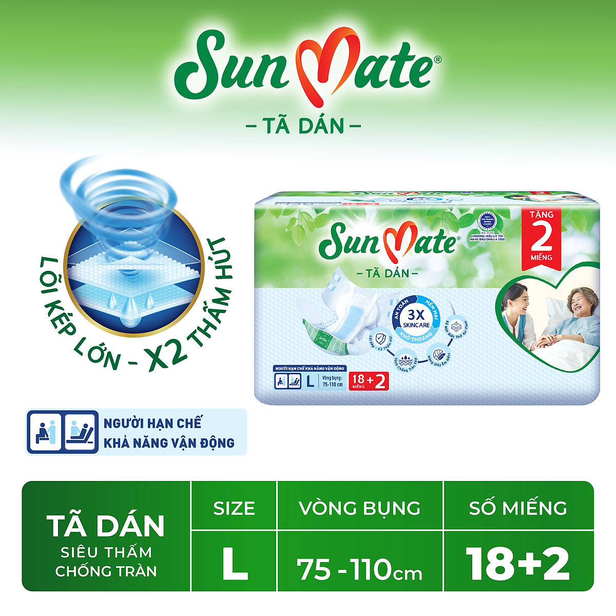 Combo 2 Tã dán người lớn SunMate XA2 mới size L-18+2 miếng