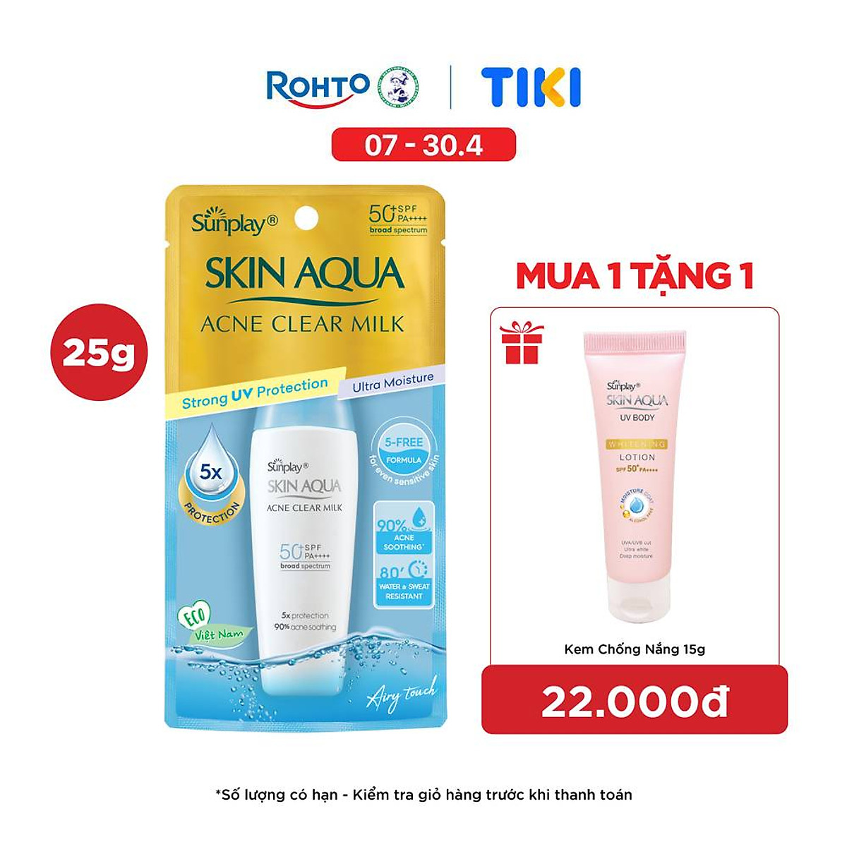Kem chống nắng Skin Aqua cho da mụn, dạng sữa dùng hàng ngày Sunplay Skin Aqua Acne Clear Eco Việt Nam SPF 50, PA++++ 25g