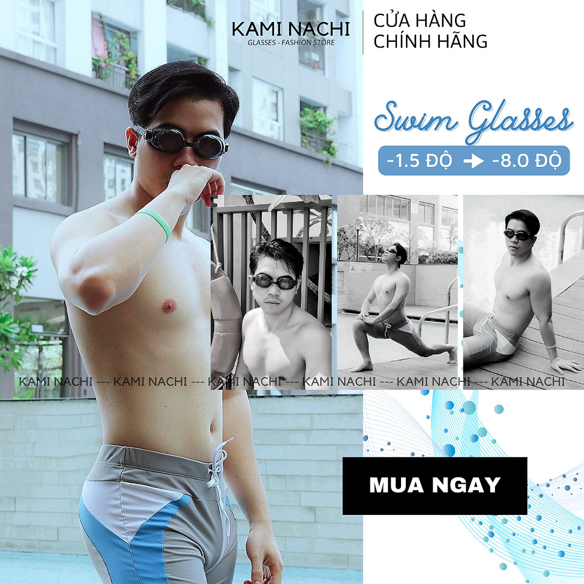 Kính bơi cận cho người lớn nam nữ có độ từ 1.5 độ đến 9.0 độ chính hãng KAMI NACHI - Mắt kính bơi cận thị chống bám hơi nước