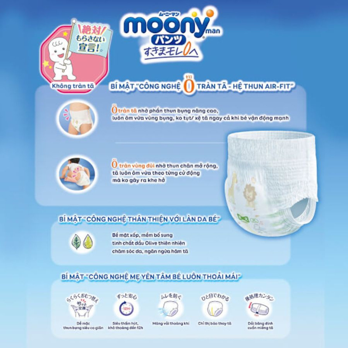 Tã quần cao cấp Moony dành cho bé trai L44/XL38/XXL26