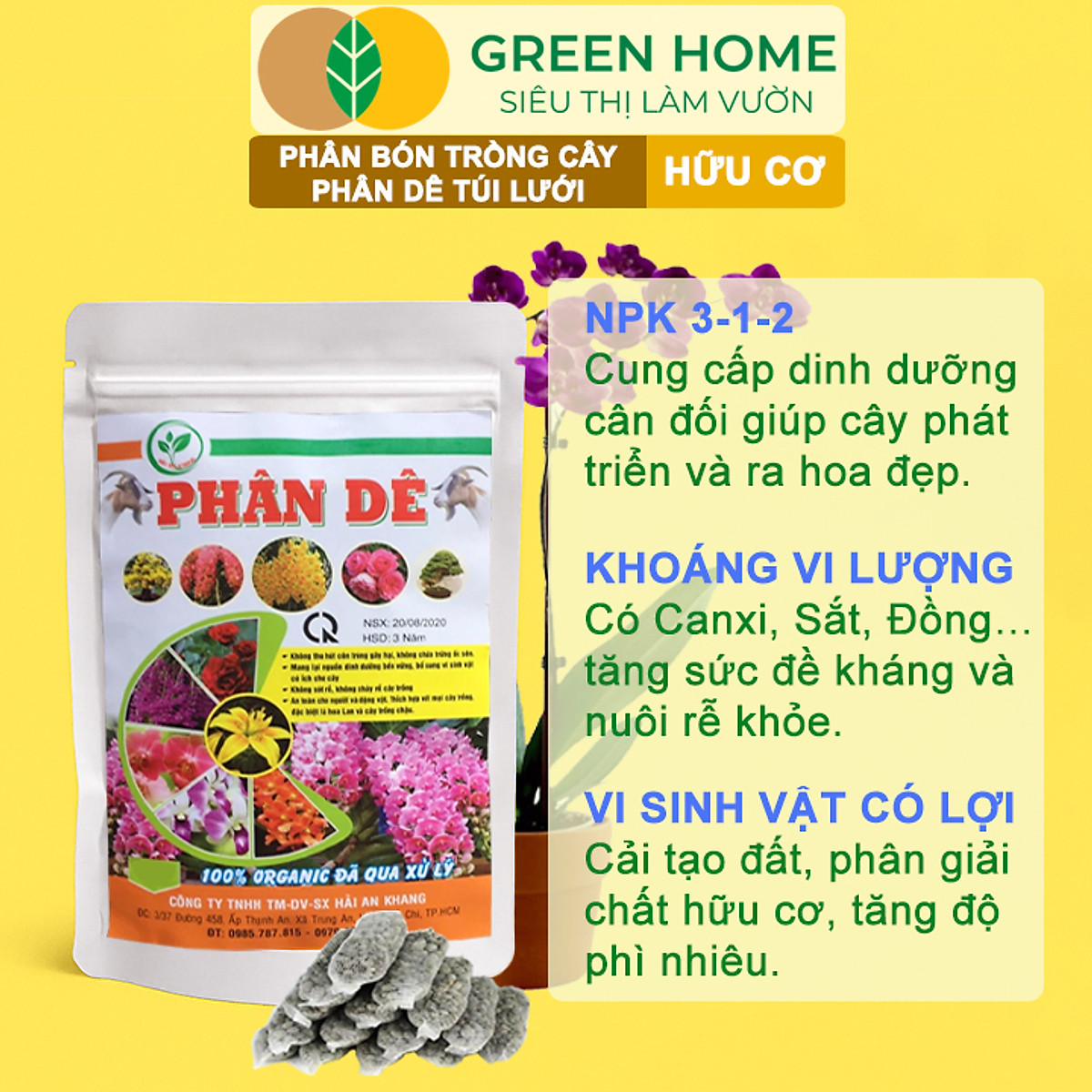 Phân Dê Trồng Lan Greenhome, Túi Lưới Dài 10cm, Đã Qua Xử Lý, Không Mùi, Kích Rễ Phong Lan, Hoa Đậm Màu Lâu Tàn