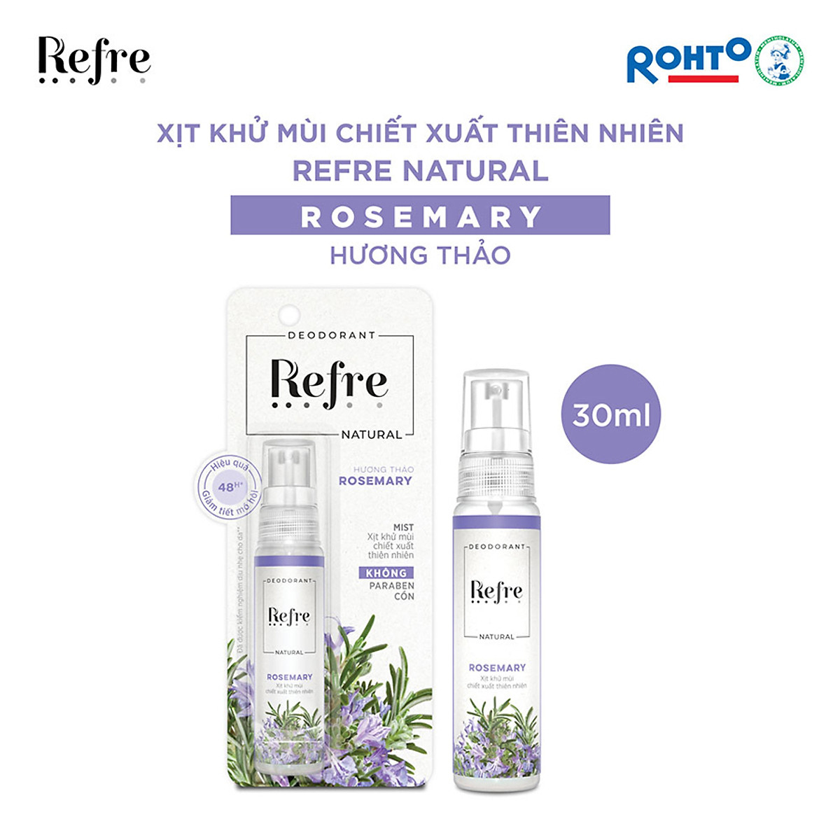 Xịt khử mùi chiết xuất thiên nhiên Refre Natural Rosemary Hương Thảo (30ml)