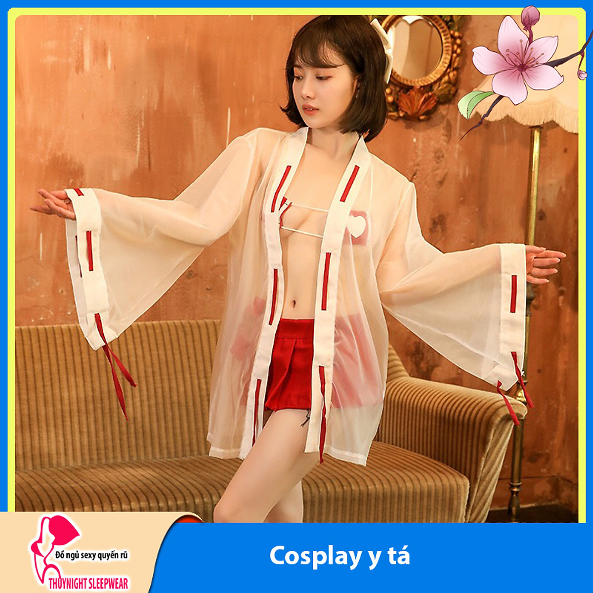 Váy ngủ Cosplay sexy cao cấp BT0102 - Đồ ngủ cosplay kèm áo choàng xuyên thấu - Đồ ngủ mặc nhà - Đầm ngủ cosplay nữ