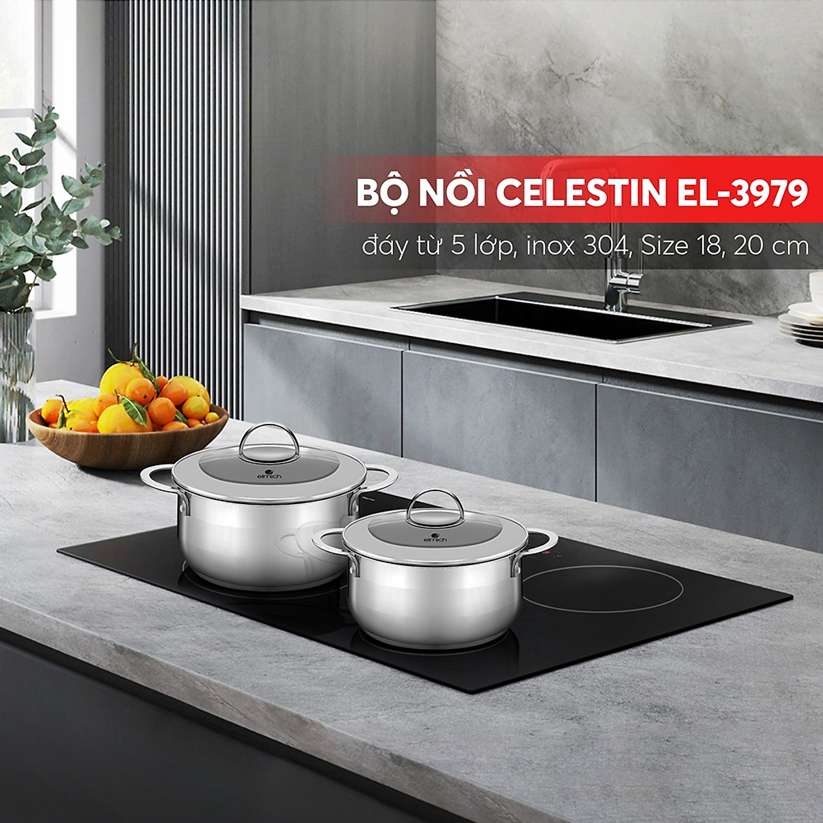 Bộ nồi 5 đáy Inox 304 Elmich Celestin EL 3979 Size 18, 20cm