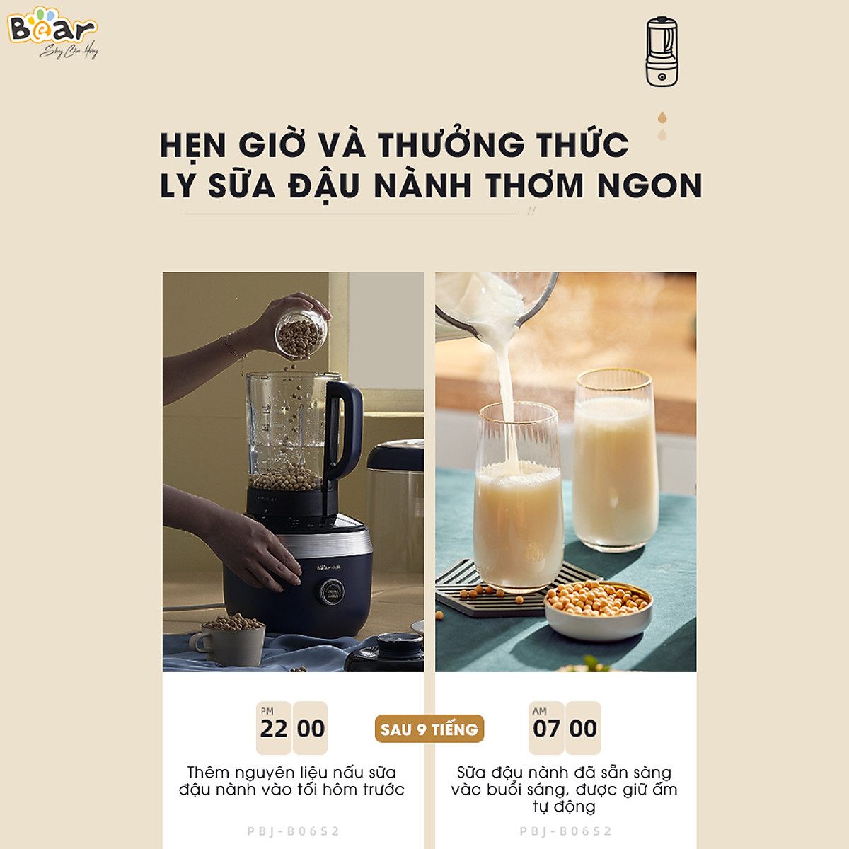 Máy Xay Nấu Đa Năng Bear 1,5L Chống Ồn Cao Cấp, Làm Sữa Hạt, Sinh Tố Tiện Lợi PBJ-B06S2 - Hàng chính hãng