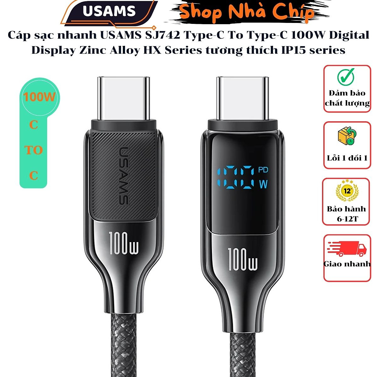 Cáp sạc nhanh USAMS SJ742 Type-C To Type-C 100W Digital Display Zinc Alloy HX Series tương thích IP15 series ( Hàng Chính Hãng)