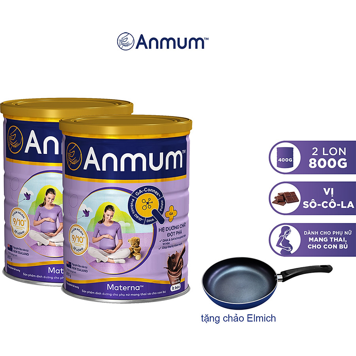 Combo 02 Sữa Bột Dành Cho Mẹ Bầu Anmum Materna Hương Chocolate 800g - Tặng chảo Elmich