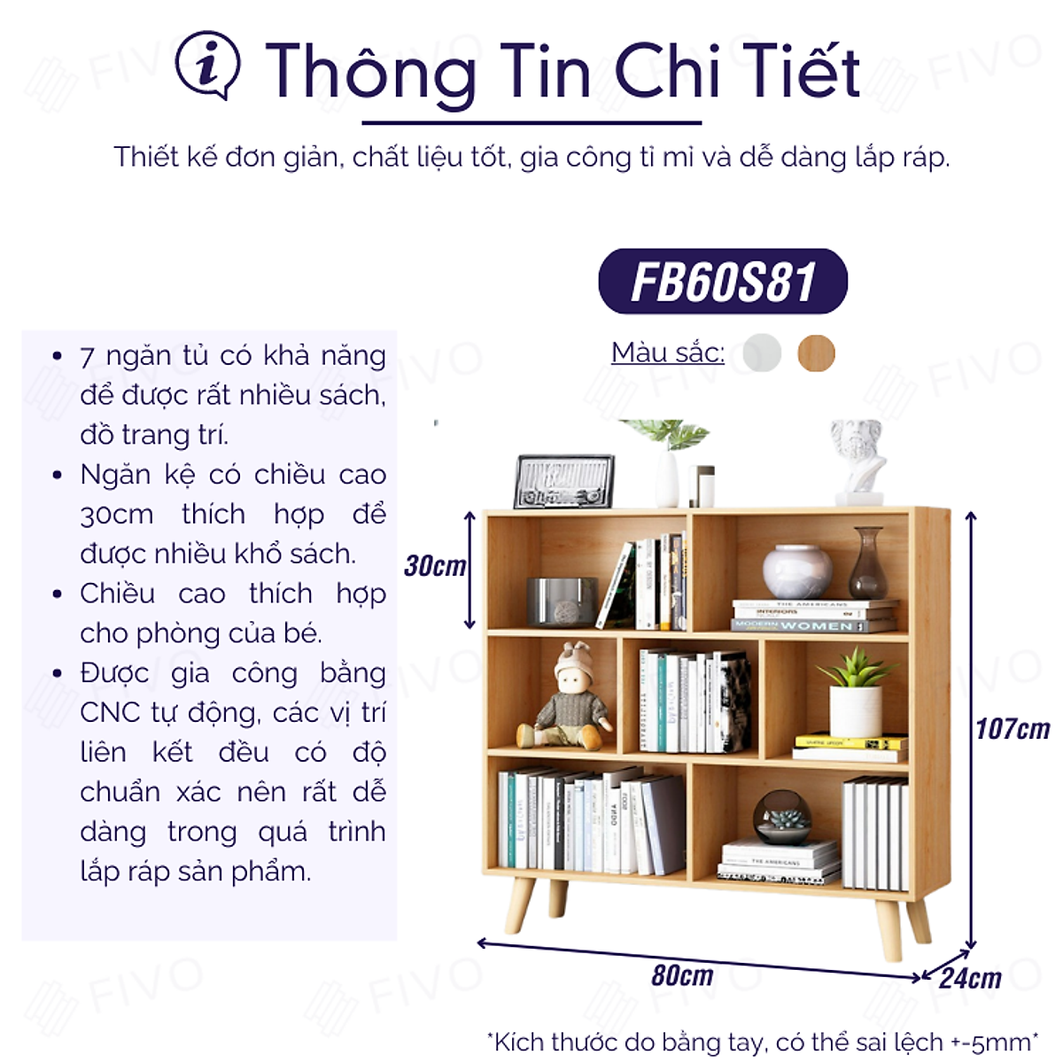 Kệ Sách Gỗ Cao Cấp Đa Tầng FIVO Mã FB60 - Chất Liệu Gỗ MDF Phủ Melamine Chống Thấm Bề Mặt Cực Tốt Hàng Cao Cấp, Có Kèm Tấm Lưng (Kích Thước 80x24x107)
