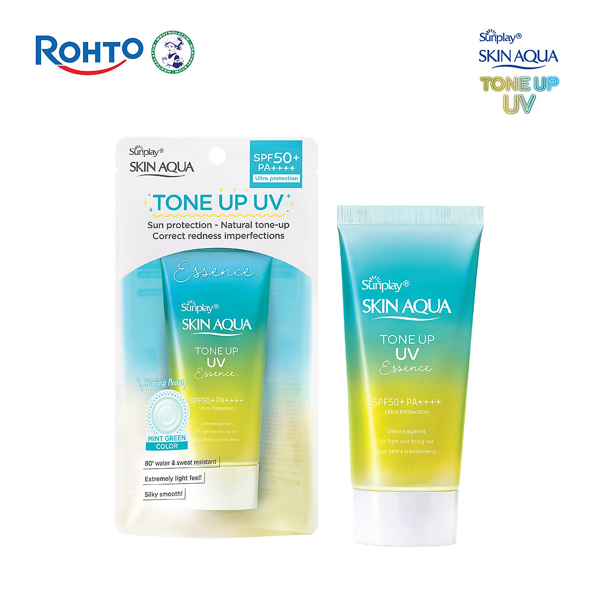 Kem chống nắng nâng tông Skin Aqua Tone up Mint Green cho da trắng có khuyết điểm đỏ, dạng tinh chất Sunplay Skin Aqua Tone Up UV Essence Mint Green SPF 50+ PA++++ 50g