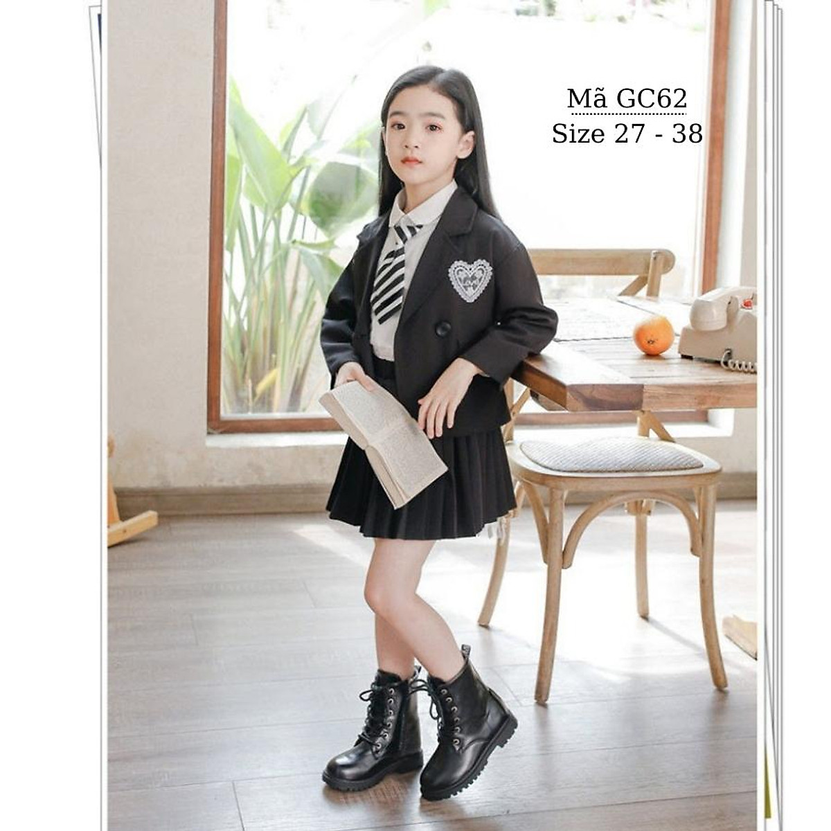 Bốt cho bé gái đế vuông cá tính cao qua mắt cá chân màu đen sành điệu khóa kéo kết hợp cột dây boot cao cổ phù hợp đi học biểu diễn văn nghệ trẻ em nam nữ 3 - 12 tuổi GC62