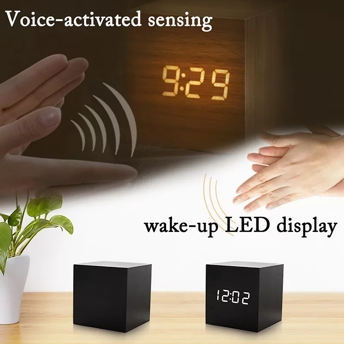 Đồng hồ LED để bàn hình hộp gỗ - Nhiệt kế - Báo thức - Cảm ứng âm thanh