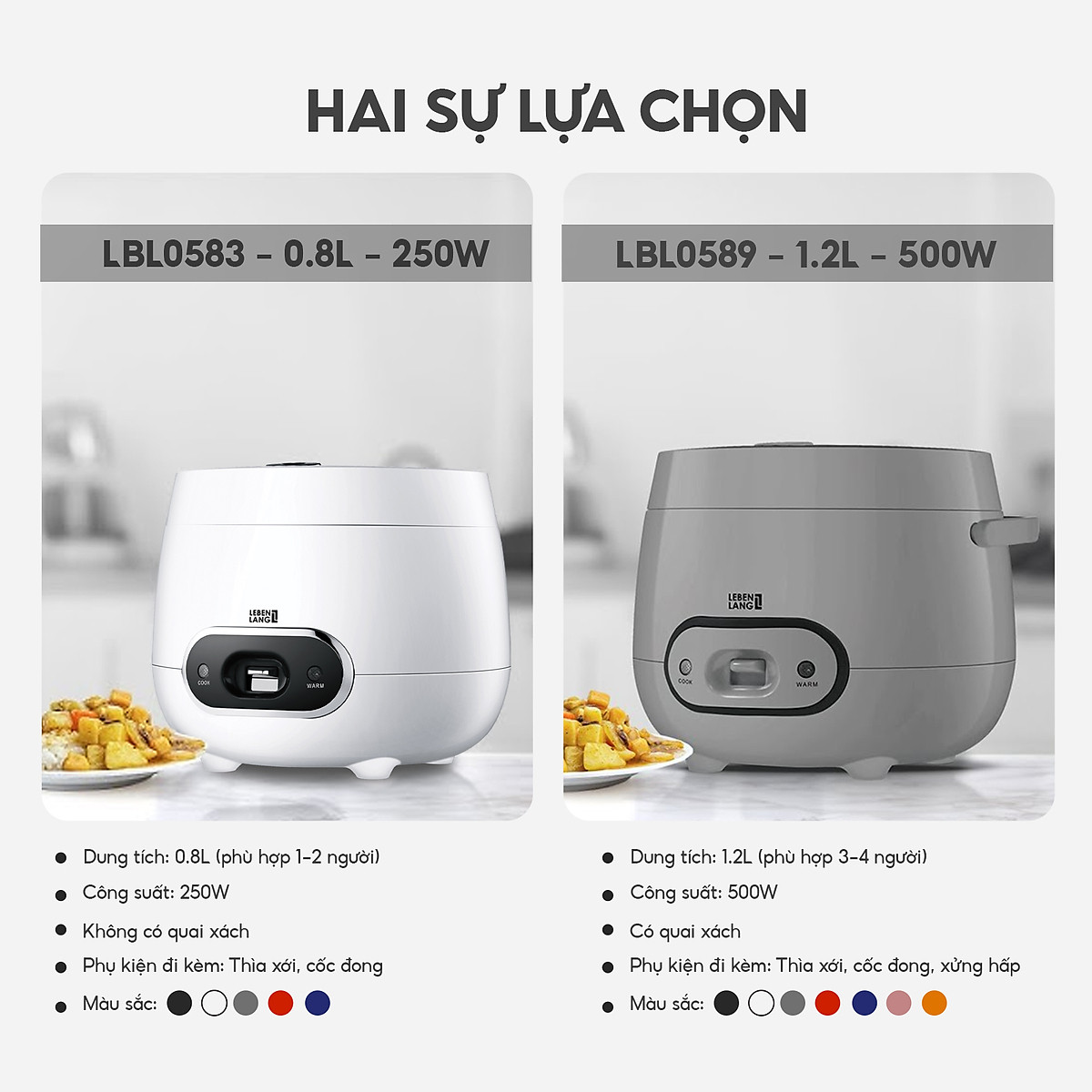 Nồi cơm điện mini Lebenlang LBL0583 dung tích 800ml, công suất 250W nhỏ gọn, thiết kế đơn giản hiện đại - hàng chính hãng