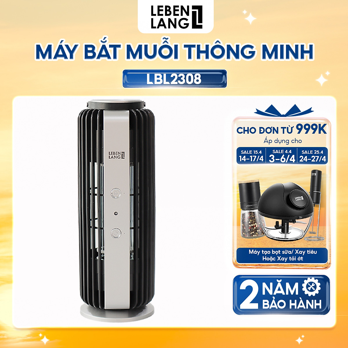 Đèn bắt muỗi, máy bắt muỗi Lebenlang LBL2308, máy diệt côn trùng thông minh 2 tần số, 8W an toàn cho cả gia đình - hàng chính hãng