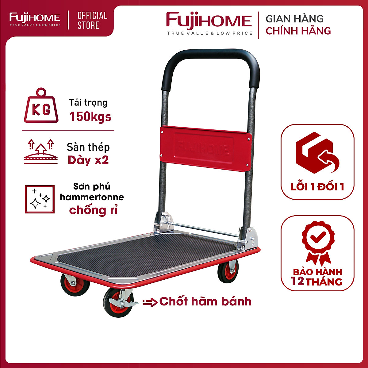 Xe đẩy hàng 4 bánh gấp gọn sàn thép FUJIHOME nhập khẩu, xe kéo hàng xếp gọn, bánh xe có chốt hãm - hàng chính hãng