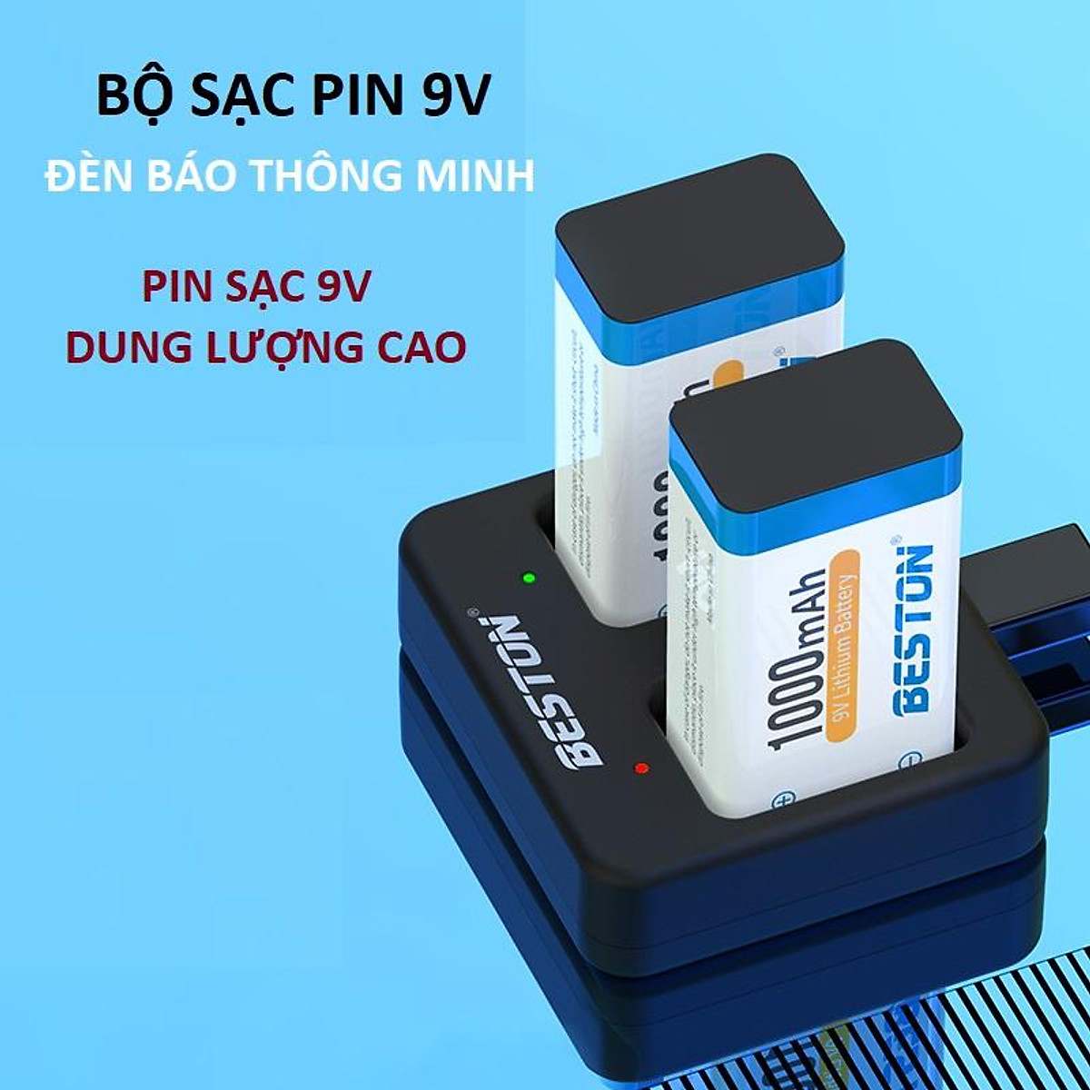 Pin sạc 9V Beston Li-Ion dung lượng cao, bộ sạc pin vuông dùng cho micro, đồng hồ vạn năng, chuông báo động, đồ chơi
