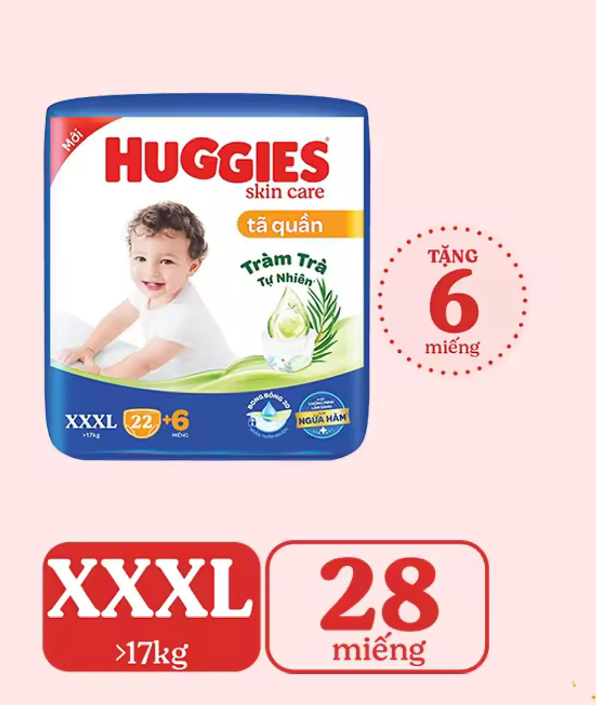 - Tã quần Huggies XXXL22 Tràm trà tự nhiên, ngừa hăm - Cho bé trên 17kg - Tã bỉm quần Huggies trẻ em