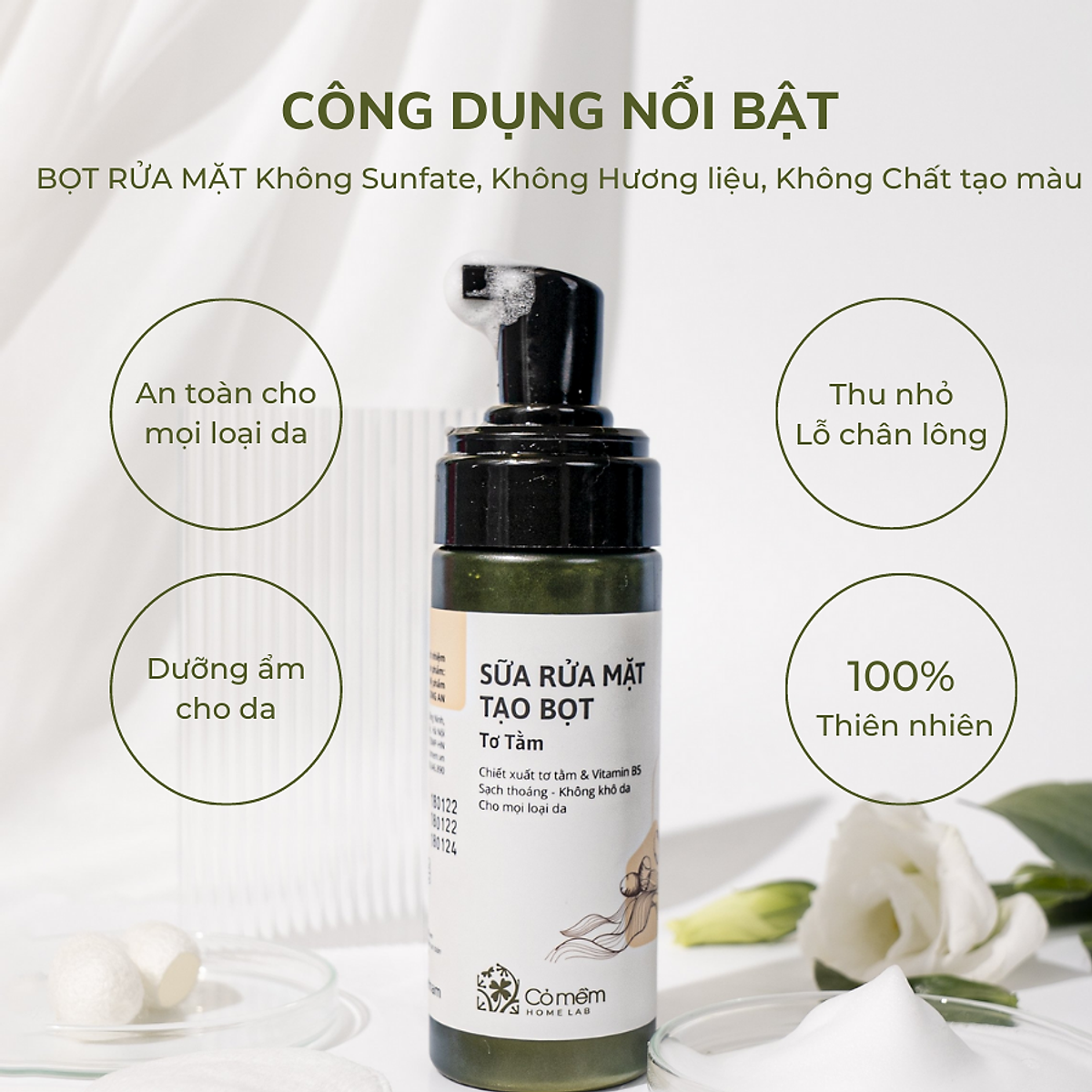 Sữa Rửa Mặt Tạo Bọt Tơ Tằm Sạch Thoáng Không Khô Da Cỏ Mềm 150ml