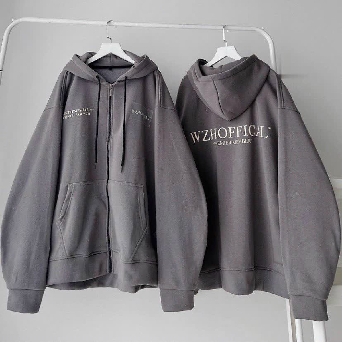 Áo khoác hoodie zip WZHOFFICAL có nón vải nỉ bông màu xám form rộng ...