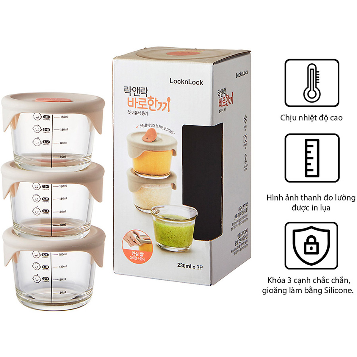 Hộp đựng thức ăn cho bé Lock&Lock có vạch chia 230ml x 3 hộp LLG508S3